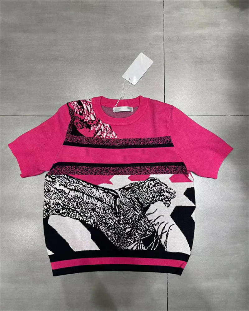 Chandails de tricots pour femmes T-shirt Le lettre avant classique à manches courtes Blouse tricot-tricot chemise ronde couleurs assorties
