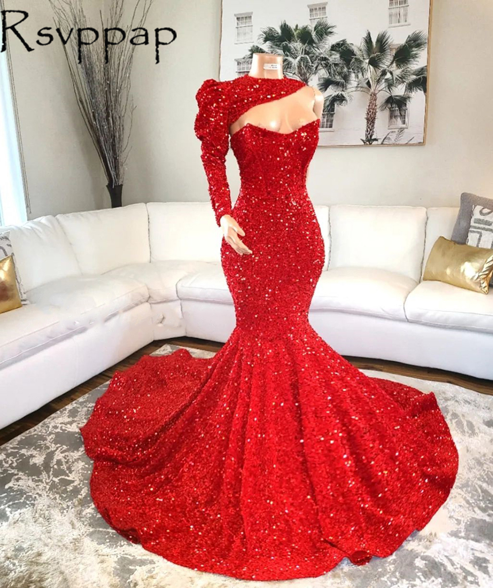 

Glitter Sequin Red Mermaid Long Prom Dresses 2022 African Girl Designed High Neck With Single Sleeve New Party Prom Dress
