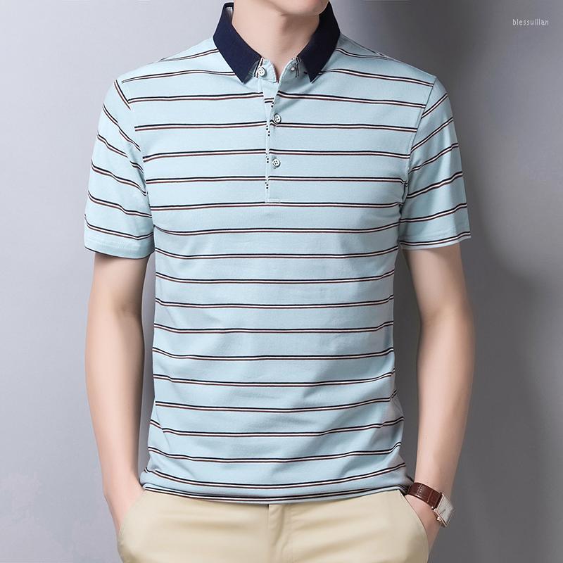 

Men's T-Shirts Summer T Shirt Men Turn-Down Collar Striped Short Sleeve Tshirts Slim Fit Smart Casual Cotton Thin Soft HommeMen's Bles22, White t-shirt men