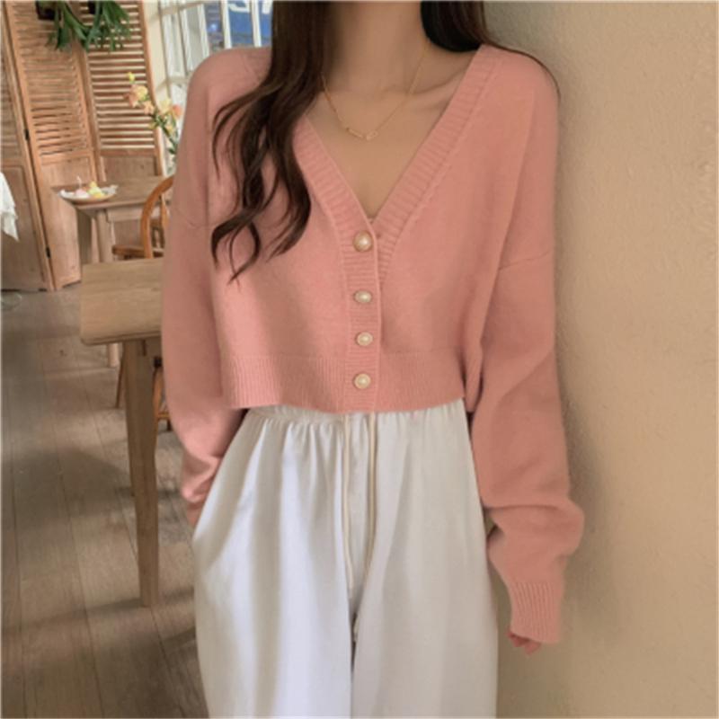 

Women's Knits & Tees Large Knitted Cardigan Women's Spring And Autumn Korean Gentle Style V Neck Short Long Sleeve Sweater Coat H1765Wom, Black