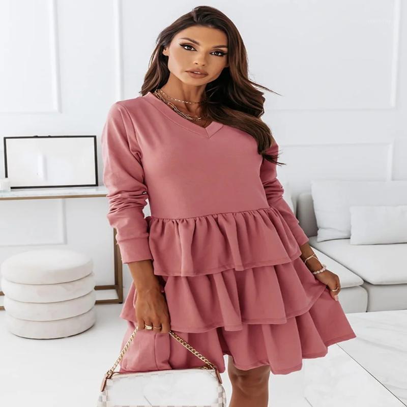 

Casual Dresses Autumn Dress Women Robe Femme Solid Color A-Line Patchwork Ruffles V-Neck Long Sleeve Slim Mini For Woman Vestido, Black