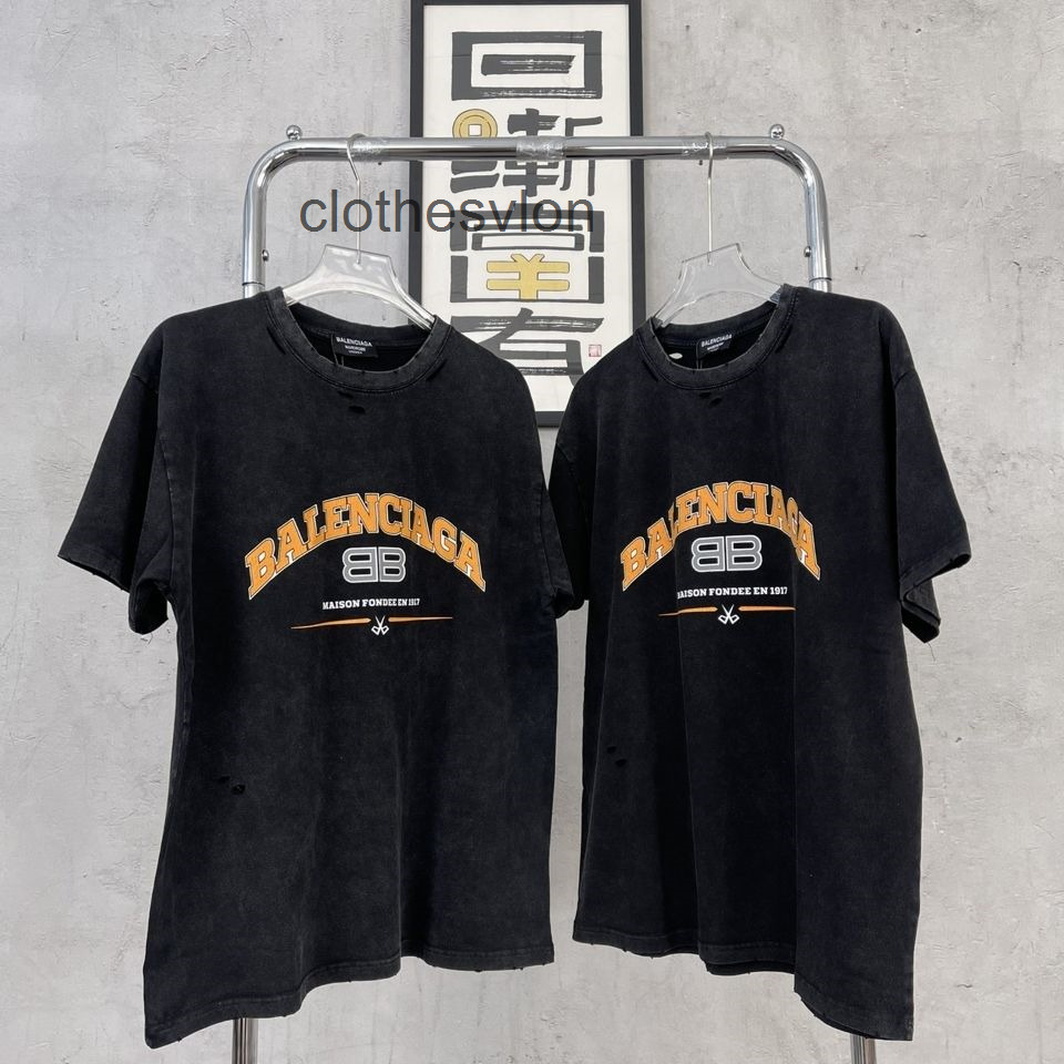 

2022 Shirts Designer Balencaigass t Reprint Paris b Spring Summer Latest Cracked Washed Short Sleeved Men's T-shirt, Wash black