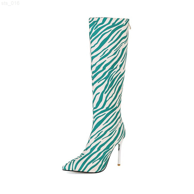 

2021 women's autumn and winter European and American fashion new zebra pattern pointed toe stiletto high-top women's bootsT220718, Black