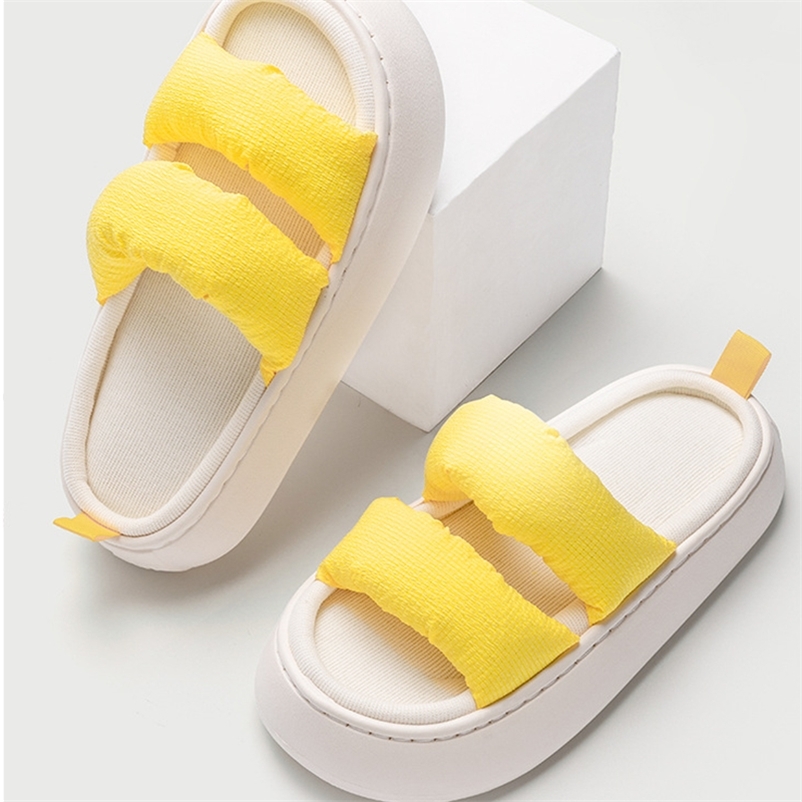 

Simple Solid Color Linen Insole Womens Material Thick Bottom Soft and Comfortable Sandals Indoor Couple Slippers 220614, Yellow