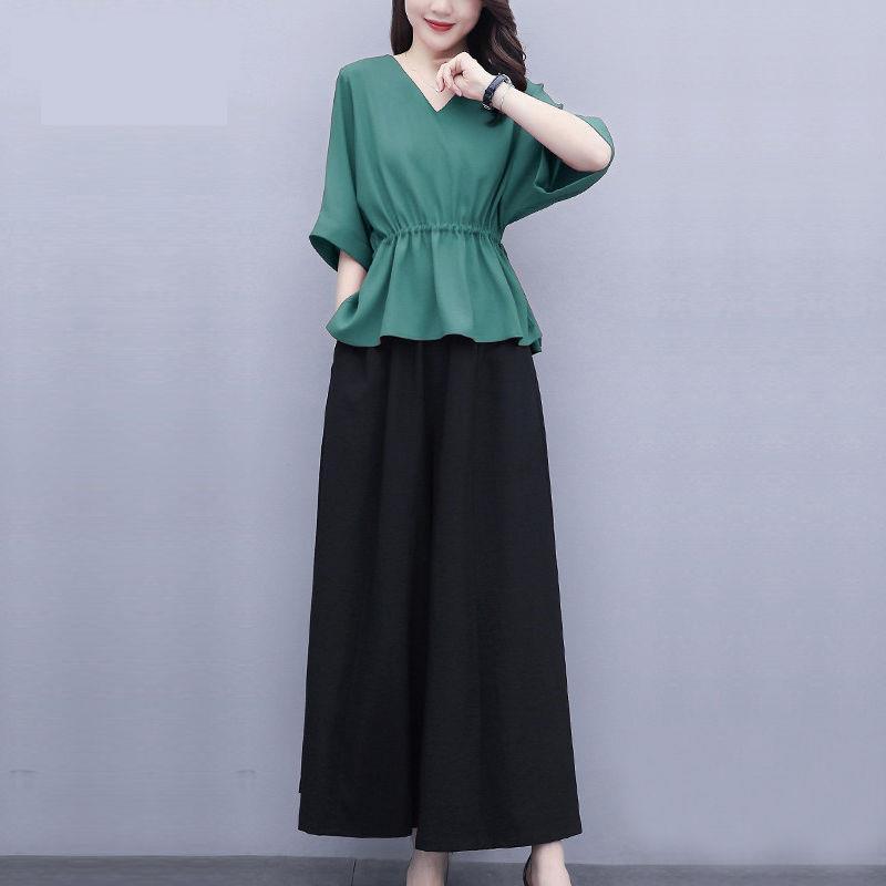 

Women's Two Piece Pants Chiffon Suit 2022 Summer Leisure Short Sleeve Tops Large Plus Size High Waist Wide Leg Set For Women, Red 2 piece set