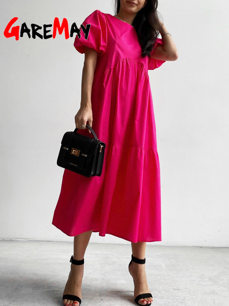 

Casual Women Summer Maxi Dress 100% Cotton O Neck A-line Oversize Short Sleeve Midi Puff White Green Long 220418