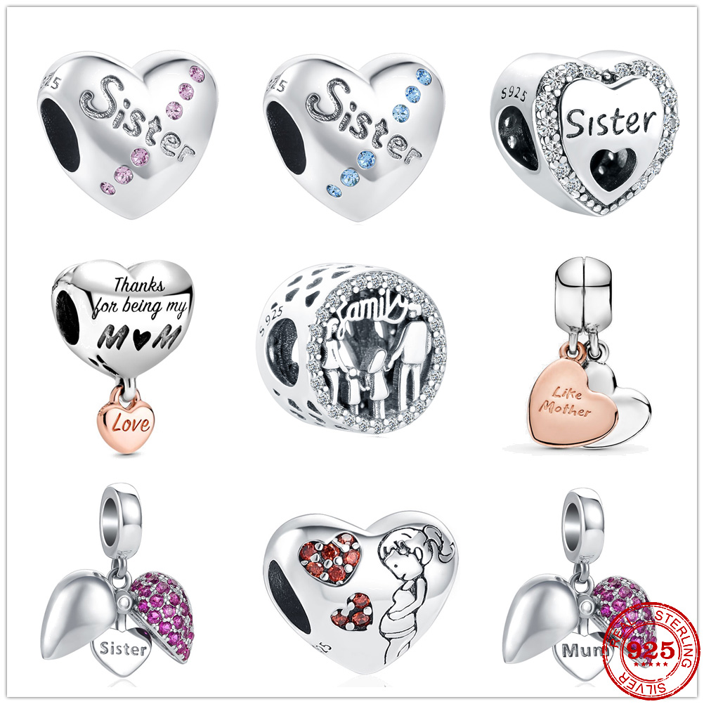 

925 Sterling Silver Dangle Charm Love Mom Sisters Family Beads Bead Fit Pandora Charms Bracelet DIY Jewelry Accessories