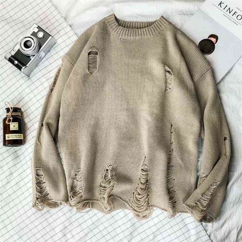 

Wash Hole Ripped Knit Sweaters Men Women Streetwear Hip Hop Pullovers Jumper Fashion Oversized All-match Men Winter Clothes 211109, Khaki
