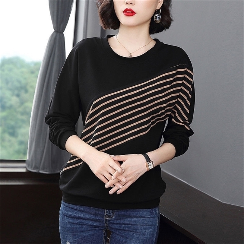 

O Neck T Shirt Woman Autumn Long Sleeve Plus Size T-shirt Loose Korean Style Oversized Striped Women s 220401, Standard