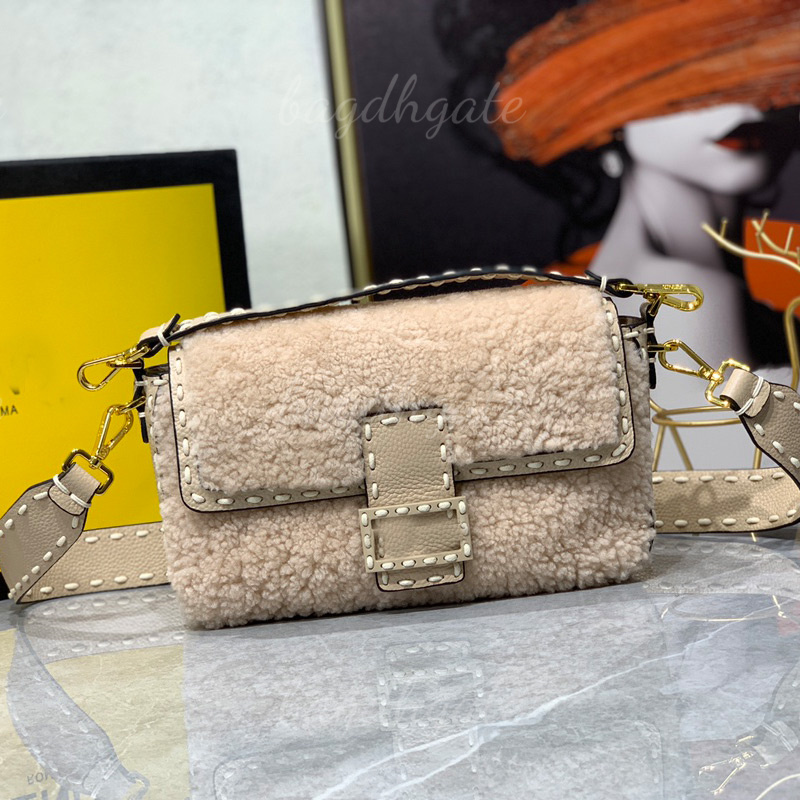 

luxury designer bag Sherpa Crossbody Bags Wool Baguette Women Fur Handbag Purse Genuine Leather Patchwork Classic Letter Clasp Lady Tote Flap Wallet, Yellow