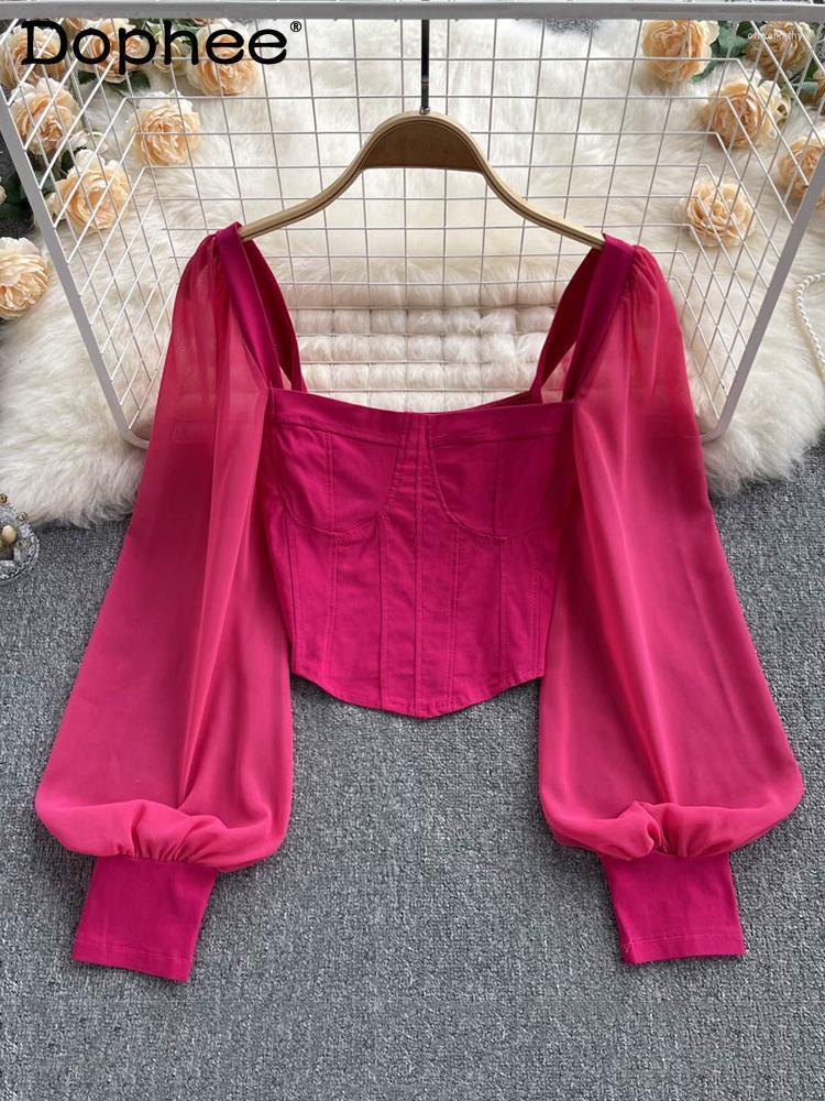 

Women's Blouses & Shirts Temperament Women's Short 2022 Autumn Square Collar Slim Fitting Splicing Chiffon Bubble Sleeve BlouseWomen's C, Green