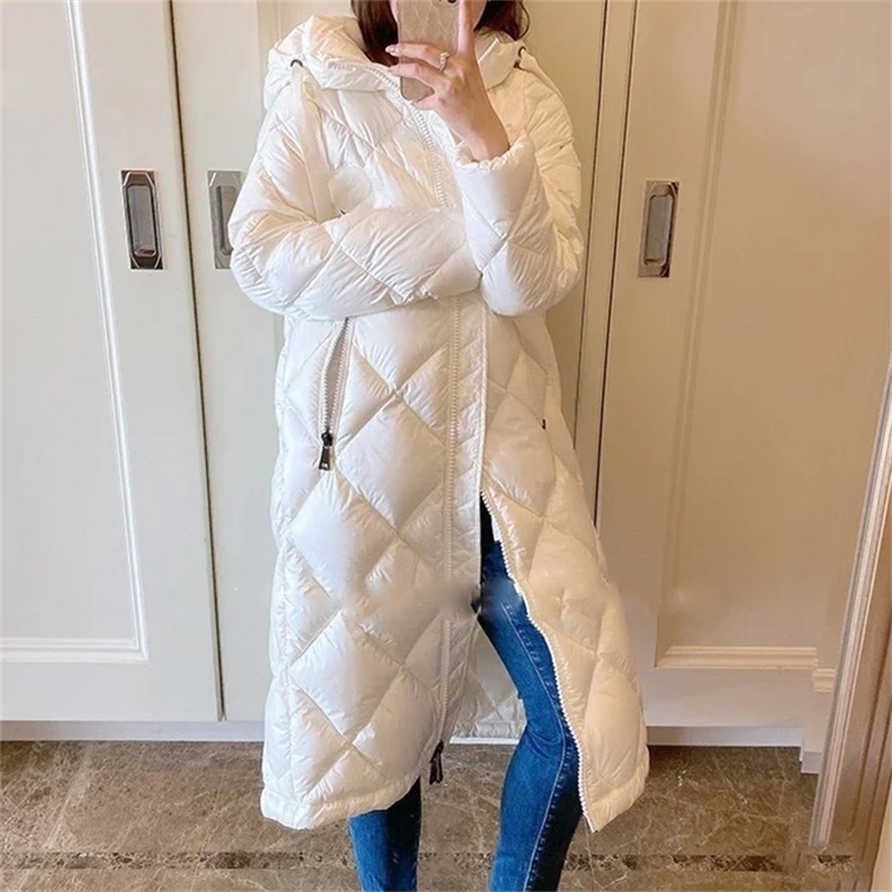 

Down Jacket Women's Long Hooded Slimming Lattice Lengthened Knee White Duck down Coat LJ201215