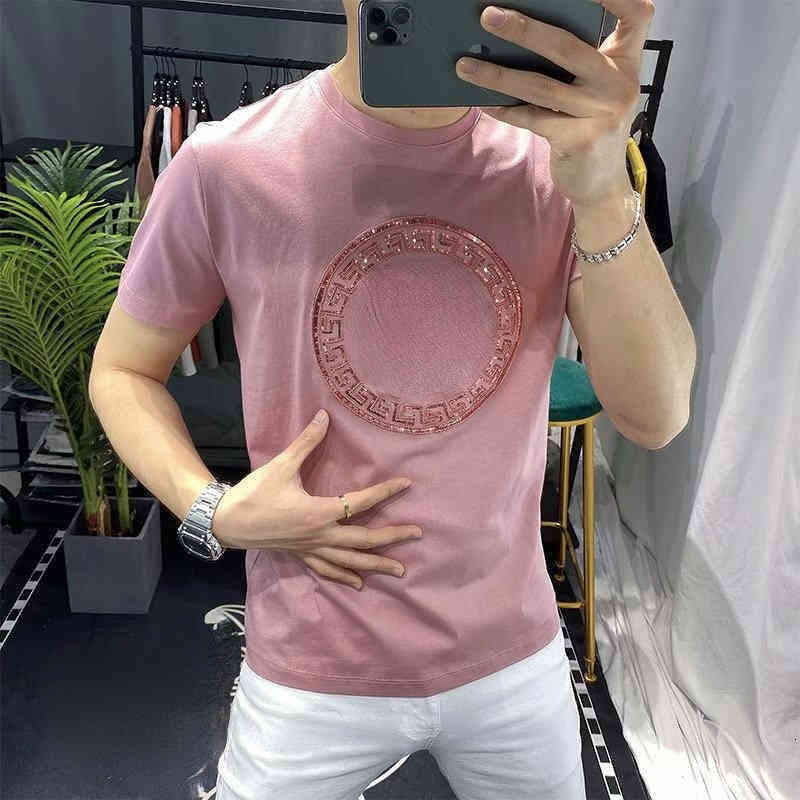 High Ice Silk T-shirt Men's Slide Material Slim Fit Half Sleeve Head Medusa Short Sequin Embroidery Fashion Brand Summer t shirts for men