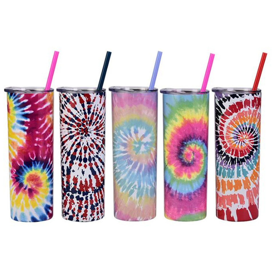 

20oz Tumbler Tie Dye Print Double Wall Stainless Steel Vacuum Insulated Straight Cup Coffee Mugs Water Bottle With Straws sxmy31, Mixed