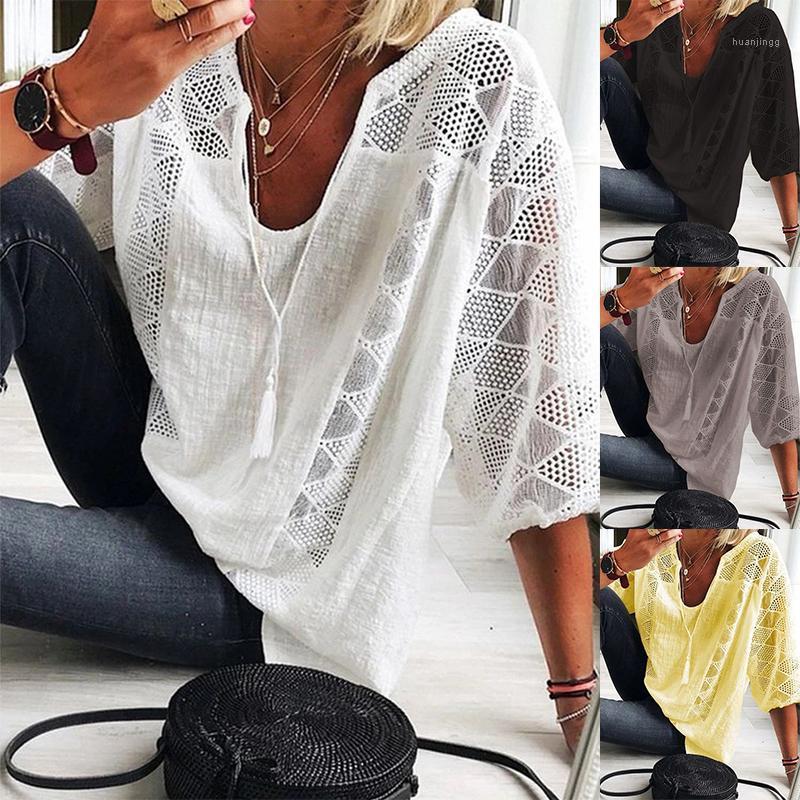 

Women' Blouses & Shirts Y2k Summer Blouse 2022 Women Top V-Neck Three Quarter Sleeve Casual Tops Hollow Out Loose Ladies Shirt Lace-up Offi