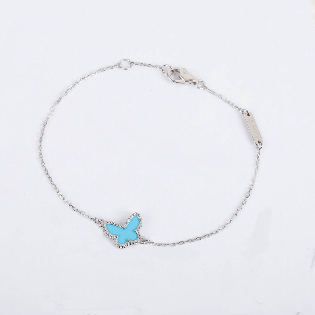 

S925 silver Charm pendant bracelet with blue butterfly shape in two colors plated and rhombus clasp for women wedding jewelry gift have box stamp PS7682