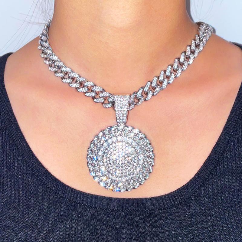 Pendant Necklaces Bling Pave Rhinestone Round Necklace For Women Men Hip Hop Iced Out Miami Cuban Link Chain Statement Jewelry