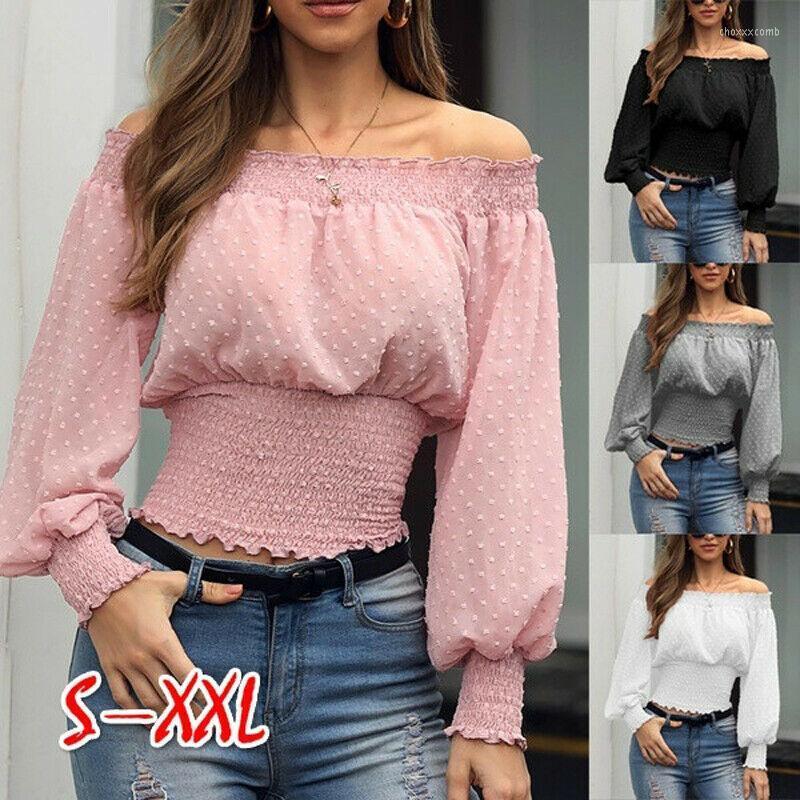 

Women' Blouses & Shirts Fashion Women Casual Long Sleeve Chiffon Shirt Crop Tops Off Shoulder Summer Blouse, Black