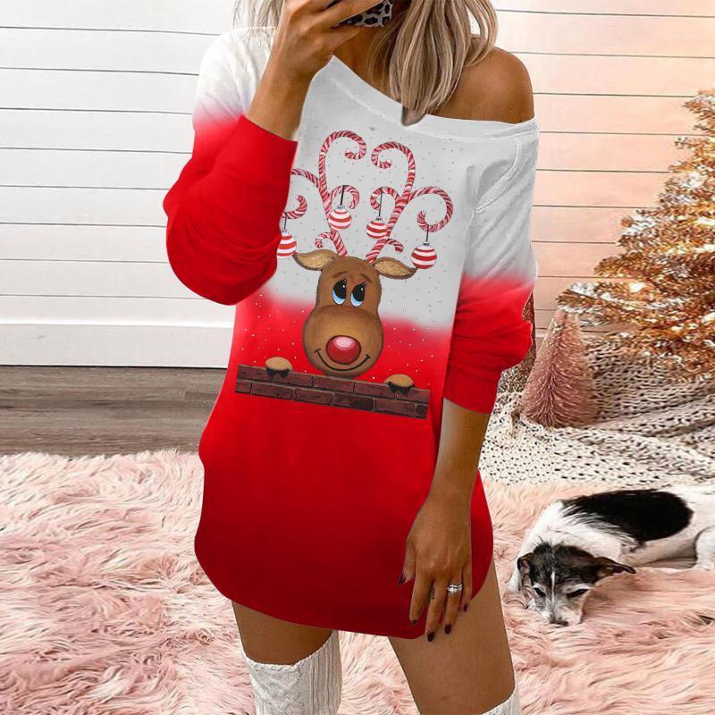 

Casual Dresses Merry Christmas Prints Off-shoulder O-neck Long Sleeves Pullover Sweatshirts Mini Dress Harajuku Festival Party 40#