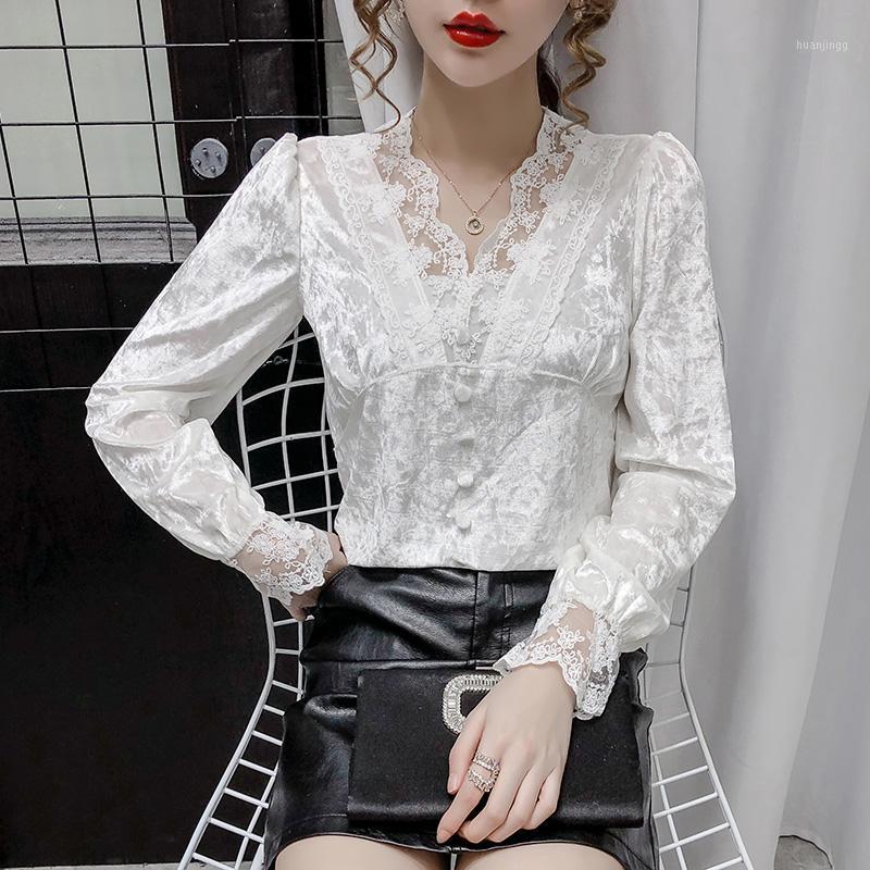 

Women' Blouses & Shirts Chikichi 2022 Spring And Autumn Style Korean Fashion Lace V-neck White Velvet Stitching Pullover Flared Sleeve Top
