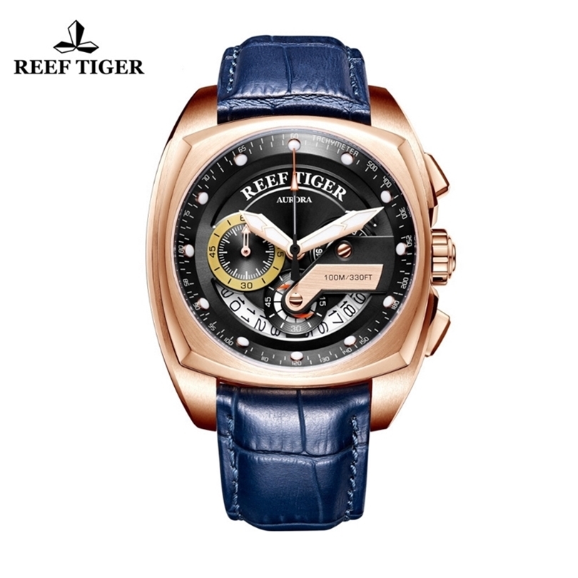 

Reef Tiger/RT Mens Sport Watches Genuine Leather Strap Quartz Watches Luxury Rose Gold Waterproof Military Watches RGA3363 T200409, Rga3363-yll