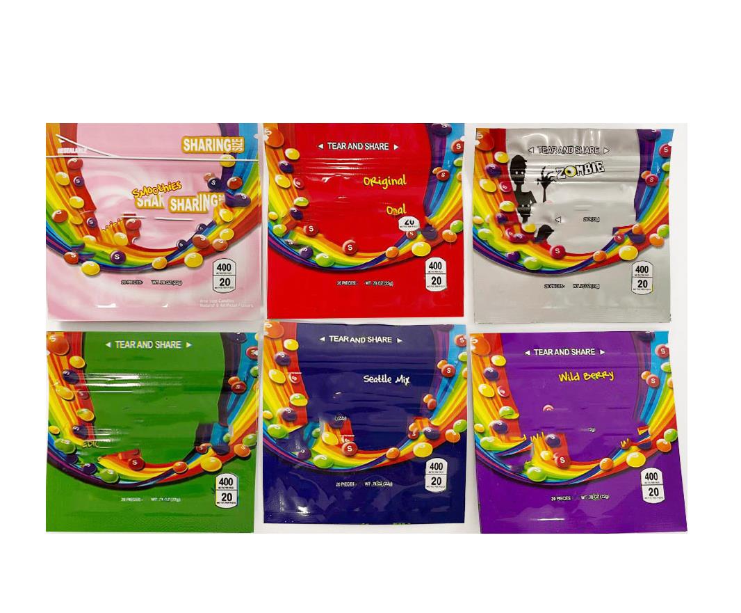 

Wholesale Empty Skittless Gummies Mylar Bags 400mg Sour Rainbow Edibles Candy Zipper Packaging Skittle Bag