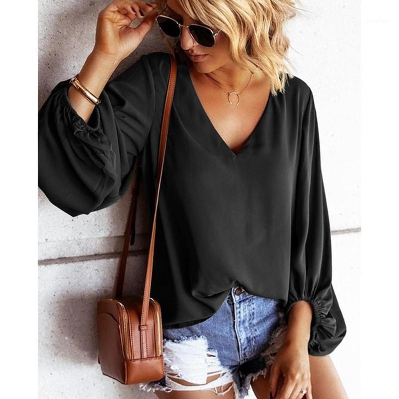 

Women' Blouses & Shirts Casual Fashion Women Solid V-Neck Lantern Sleeve Loose Pullovers Top Blouse Outdoor Leisure Tops Female Clothing, Black