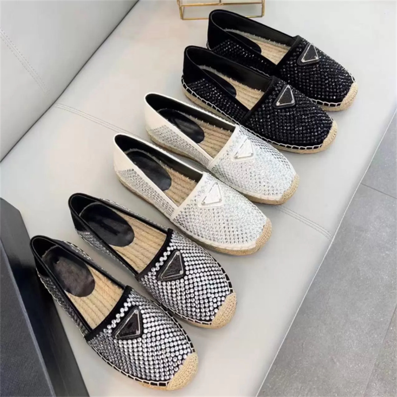 

classic women Flat Dress shoes High quality Designer Loafers diamond autumn printing Hand Made straw platform shoe Lady 100% cowhide fisherman Slides Large size 35-42