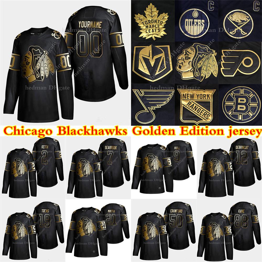 

Chicago Blackhawks Golden Edition jerseys 88 Patrick Kane 19 Toews 77 Kirby Dach 12 DeBrincat Customize any number any name hockey jersey, Black