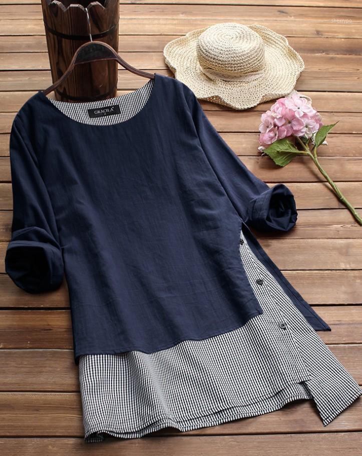 

Women' T-Shirt Fake Two Piece Patchwork Long Sleeve Dress, Blue