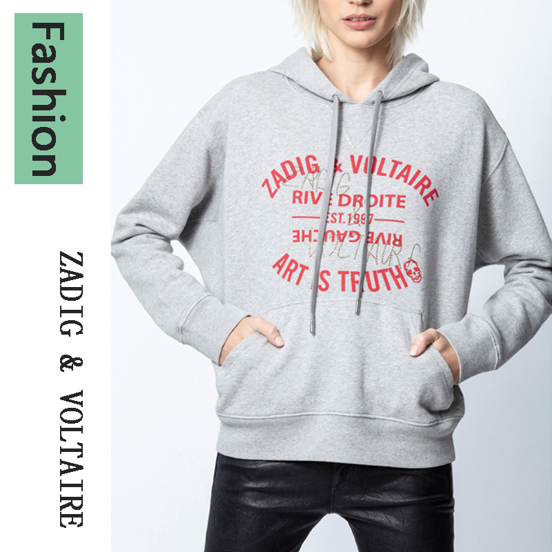 

2023 Zadig Autumn and Winter Hoodies New-French Minority Printing Drill Hooded Loose Fleece Cotton Grey Plush Sweater For Women ZV216102, Gray