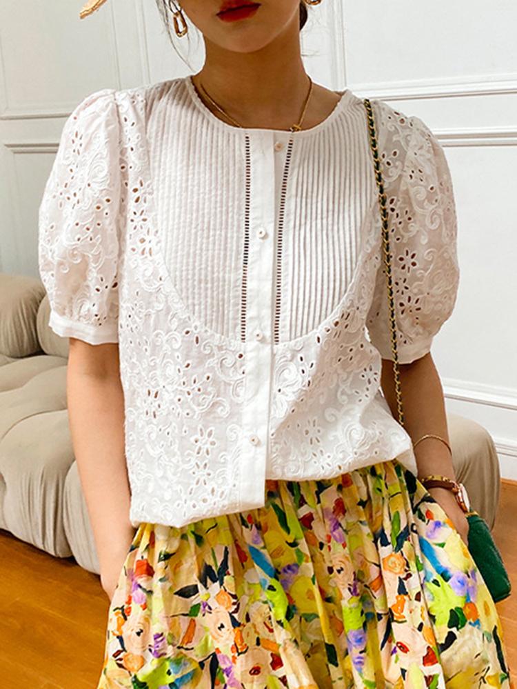 

Women' Blouses & Shirts GypsyLady High Street Chic Embroidery Blouse Shirt White Floral Summer Women Patchwork Sheer Office Ladies Casual T