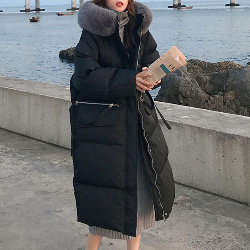 

Women' Down & Parkas Winter Thick Loose Pocket Zipper Cotton Padded Jacket Big Fur Collar Ladies Medium And Long Korean Fashion Luci22, Black