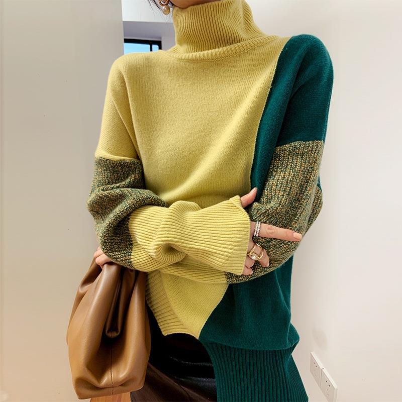 

High Neck Contrast Sweater Womens Loose Autumn And Winter Bottoming Shirt Yellow Green Pullover