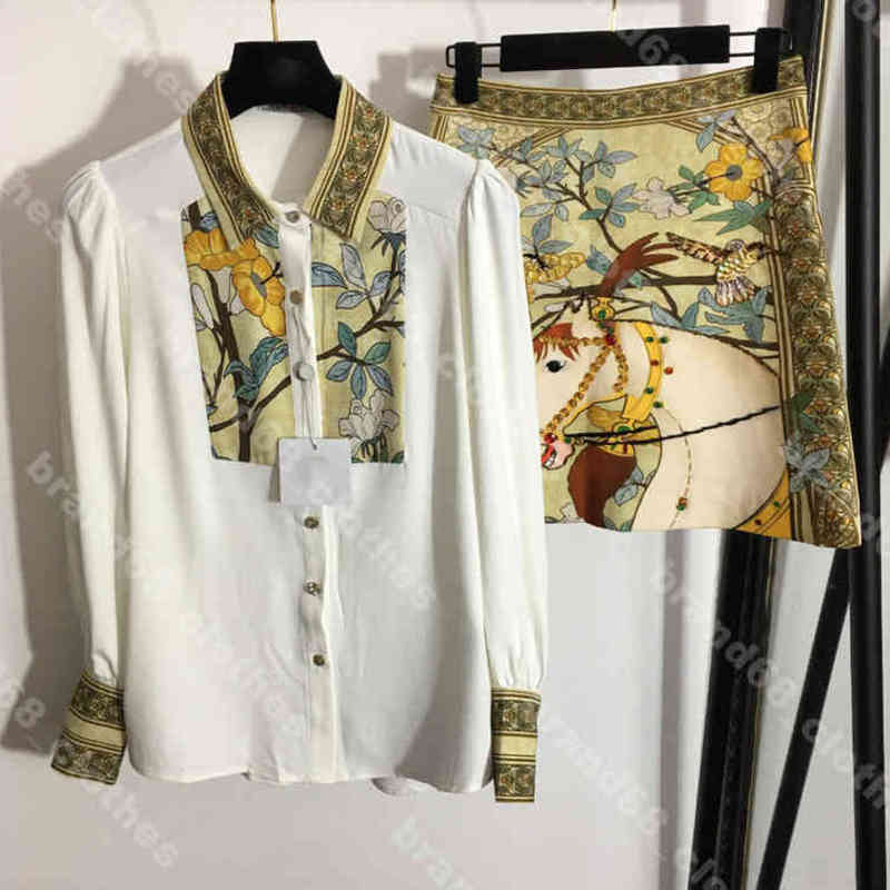 

high end women silk shirt dress short skirt pants set luxury horse head diamond long sleeves t Shirts high waist skirts 2 piece suit top 5A He..es brand female Apparel a1