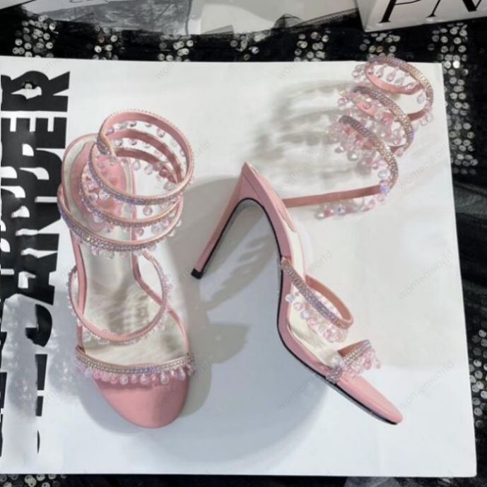 

RENE CAOVILLA 10cm stiletto High heel Sandals CRYSTAL Karung open toe Snakelike twining rhinestone sandals women Top quality pink Cleo embellished sandal, Only a boxes