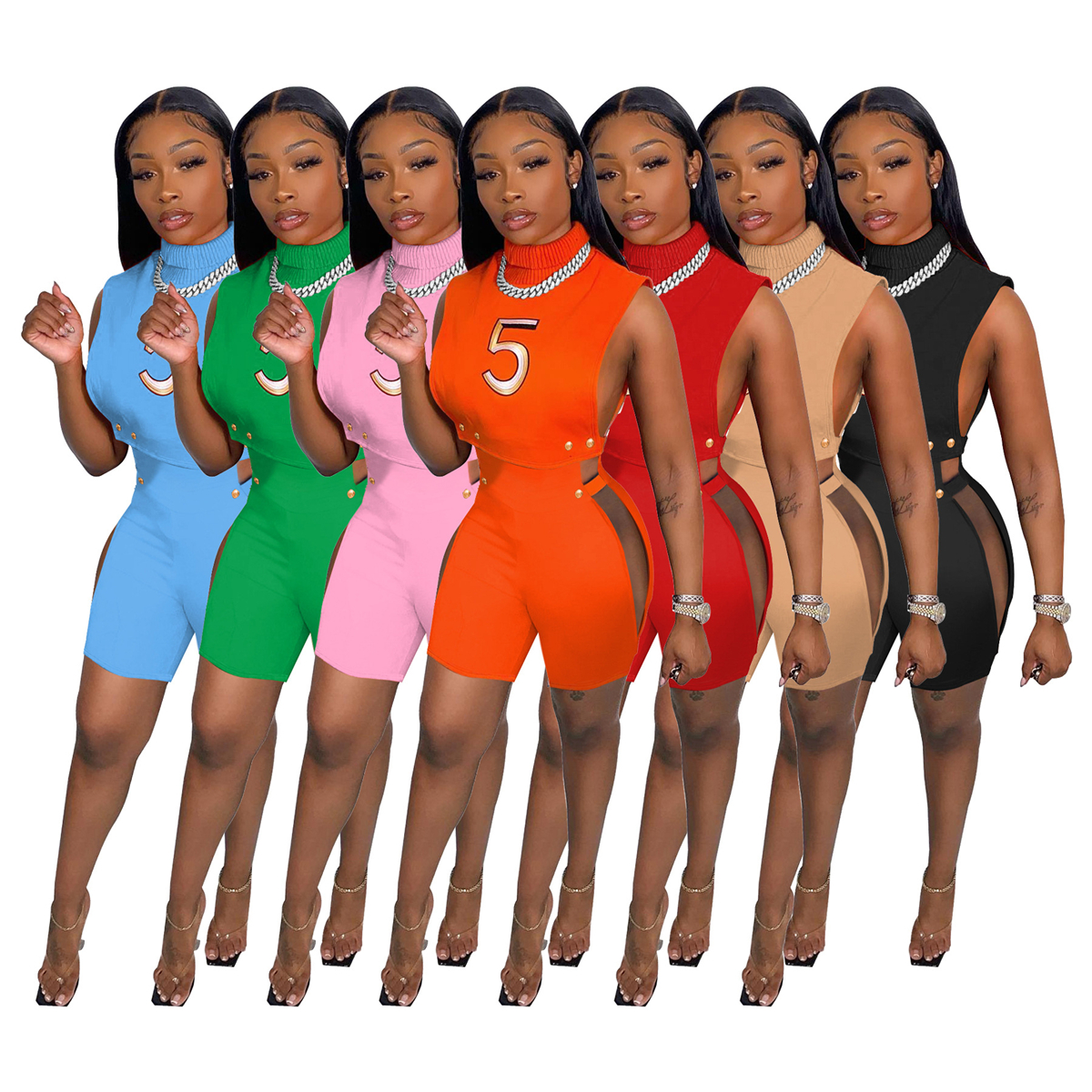 

Summer Number Letter Embroidery Romper For Women Sleeveless High Collar Side Hollow out Button Pants Nightclub One Piece Jumpsuits W8307, Black
