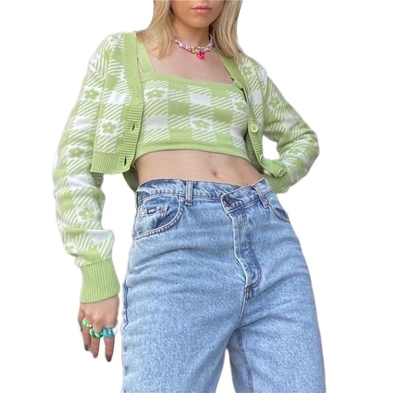 

Women's Knits & Tees Xingqing Women Button Down Knitting Cardigan Y2k Long Sleeve Plaid Floral Print Loose Knit Crop Tops Casual V-neck, White