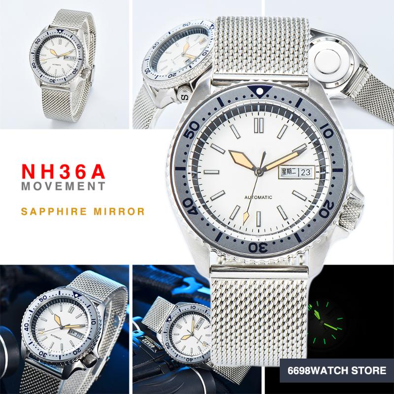

Wristwatches 42mm Men's Watch Caliber NH36A Aseptic Dial Water Resistant Case Diver's Sapphire GlassWristwatches, White