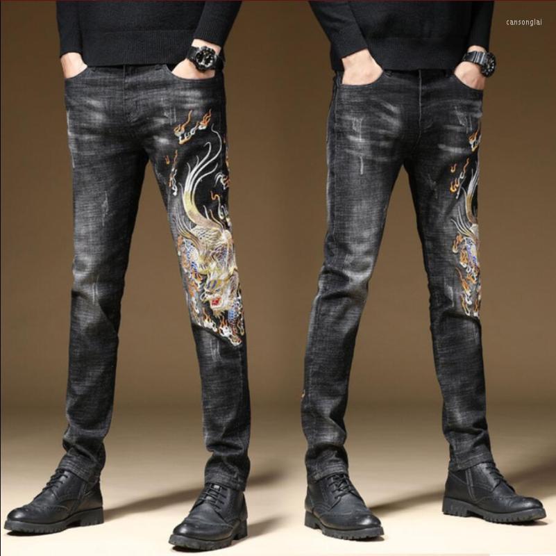 

Men's Jeans Personality Embroidery Pattern Embroidered Men's Chinese Style Tattoo Printing Heavy Industry Hole Tide MenMen's Men'Men's, Black