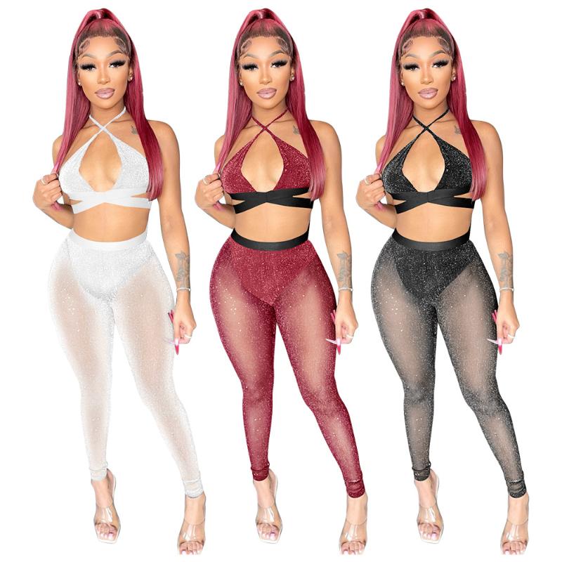 

Women' Two Piece Pants Echoine Black Sheer Mesh See Through Sexy Set Lace Up Bandage Halter Crop Top Legging Matching Club OutfitsWomen, Red