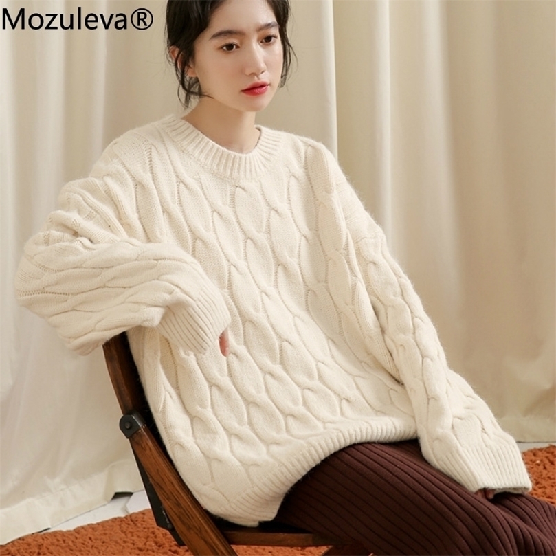 

Mozuleva Cashmere Loose Thicken Warm Pullover Sweater for Women Autumn Winter O-neck Full Sleeve Solid Knitted Jumper Femme 201203, Beige