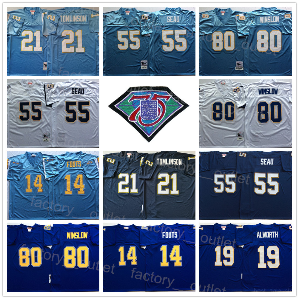 

Throwback Mitchell and Ness Vintage Football 14 Dan Fouts Jersey 75th 55 Junior Seau 19 Lance Alworth 80 Kellen Winslow 21 LaDainian Tomlinson 1987 1984 Retro ncaa, Purple