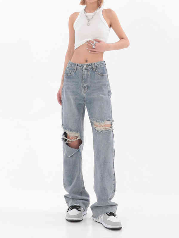

2022 Ripped Wide Leg For Women High Waist Blue Wash Casual Cotton Denim Trousers Summer Baggy Jean Pants Womens Loose Fit Jeans T220728, Sky blue