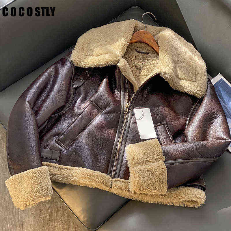 

New 2022 Winter Jacket Women Thick Vintage Faux Leather Jacket Casual Zipper Lambwool Biker Jacket Female Short Outfit Ladies J220727, Color pictures
