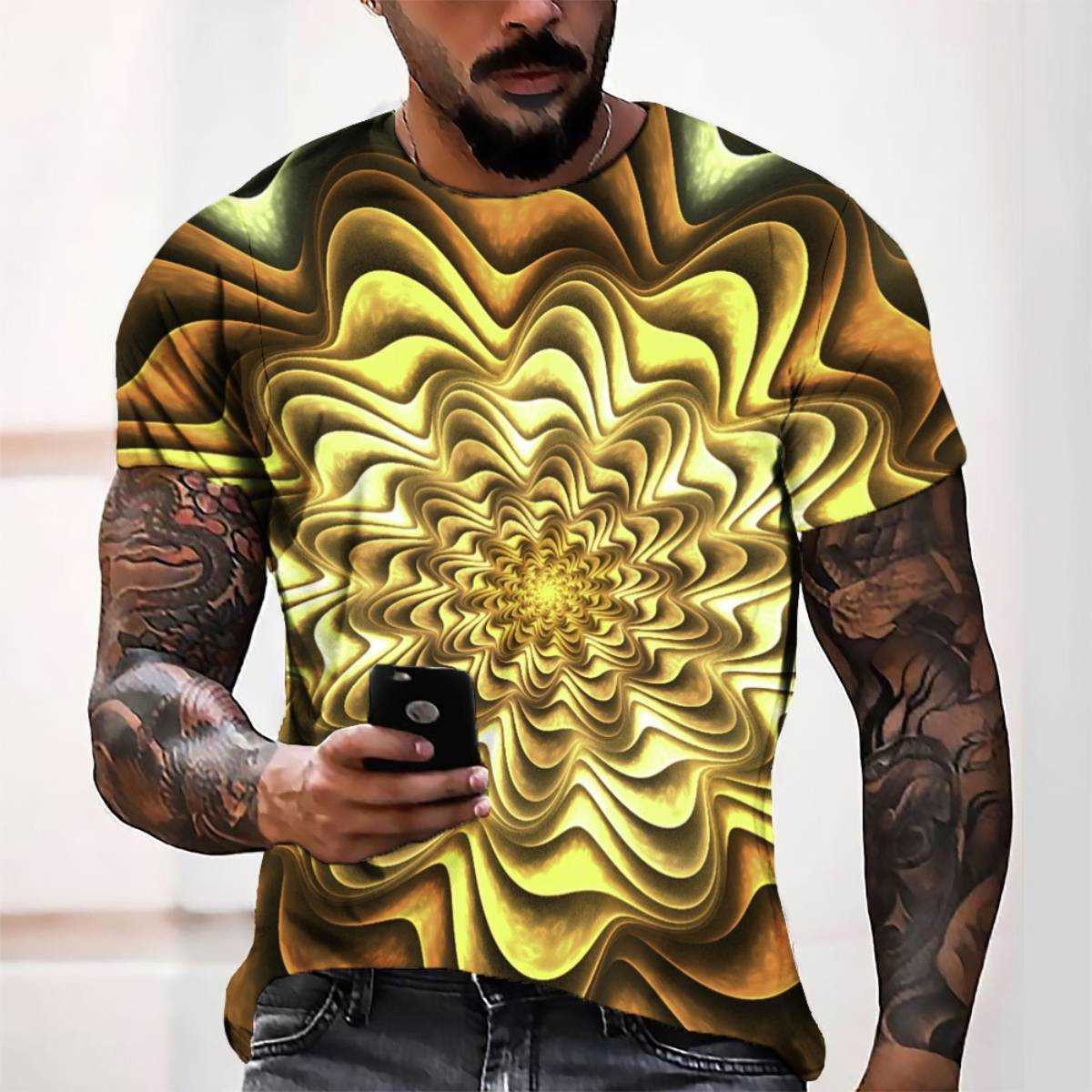 

2022 Mens T-shirts Fashion Summer 3D Digital Printing Yellow Pattern Casual Short Sleeve Tees Breathable Top