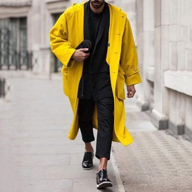 

Men's Trench Coats 2022 Winter Fashion Men Outerwear Harajuku Solid Color Long Casual Turn-down Collar Single-Breasted Overcoats Mens Jacket, 01 yellow