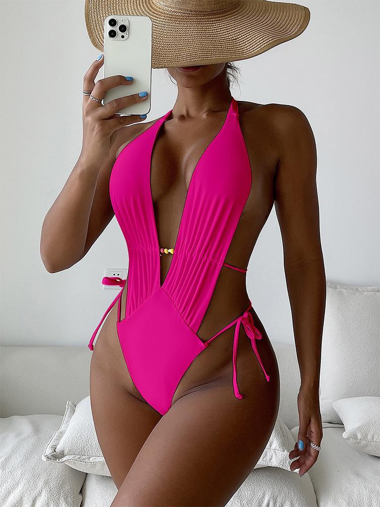 

Women' Swimwear Sexy Hollow Out Solid Halter One Piece Lace-up Backless Pleated Bodysuit Swimsuit Summer Fashion Push Up BeachwearWomen, 02 rose red