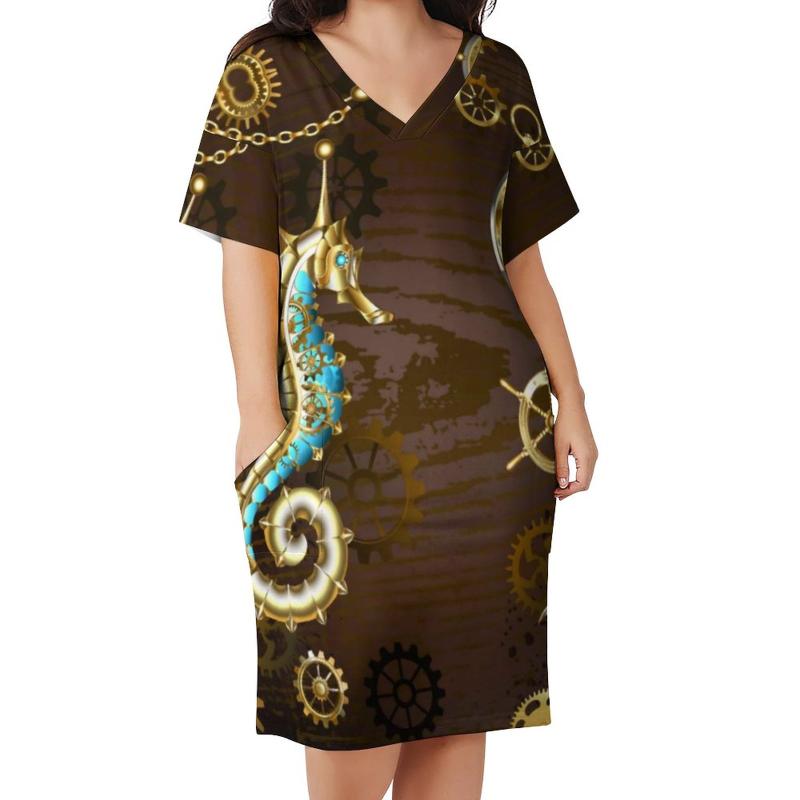 

Plus Size Dresses Golden Steampunk Casual Dress Spring Wooden With Mechanical Seahorse Cute Ladies Graphic Aesthetic 5XLPlus, Style-2