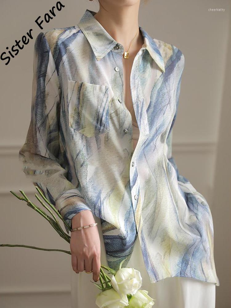 

Women' Blouses & Shirts Sister Fara Spring Print Silk For Women Loose Shirt Turn-down Collar Casual Autumn Ladies Single Breasted TopsWomen, As picture